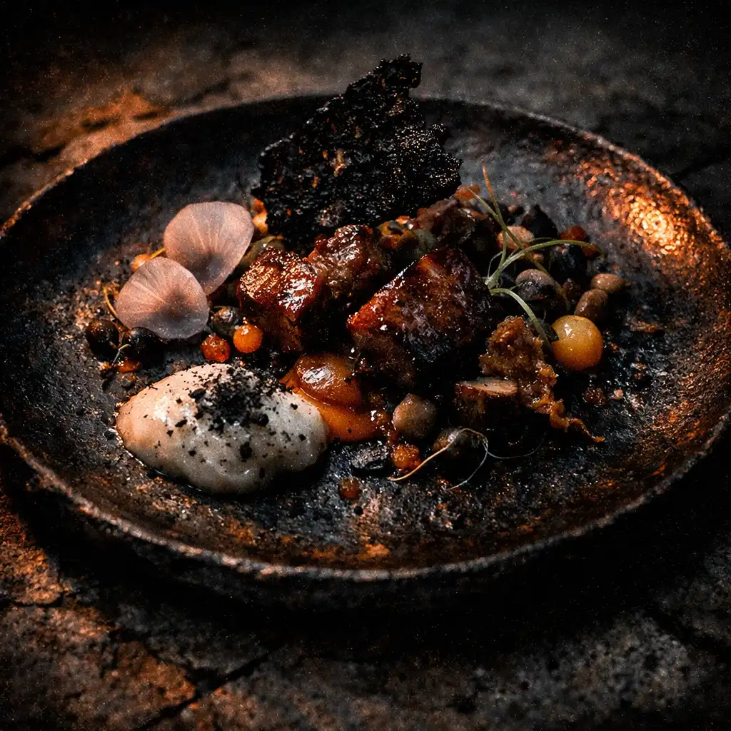 Sötét hangulatú gourmet étel közelről