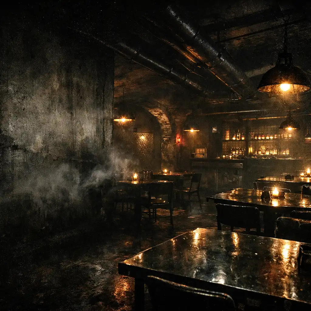 Sötét, underground éttermi tér Budapesten ipari hangulattal