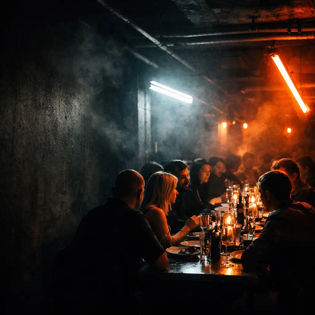 Sötét, neonfényes vacsora jelenet underground térben